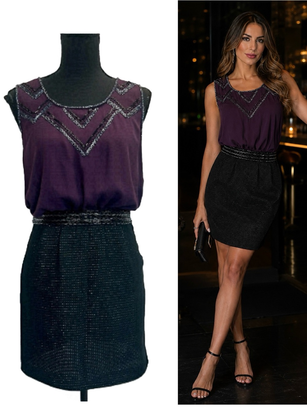 Dex sleeveless beaded plum purple and black dress size extra small